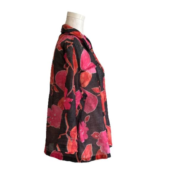Toni Morgan Blouse Top Black Pink Orange Floral 3/4 Sleeve Button Front Large - Picture 4 of 11